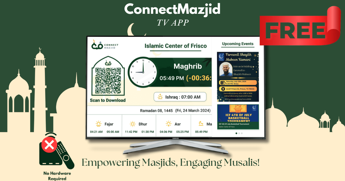 Advertisement for ConnectMasjid TV App, showcasing a masjid display software with prayer times and upcoming events.