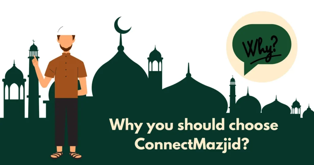 Illustration of a man pointing at a digital masjid display software featuring a mosque silhouette, accompanied by the text 'Why you should choose ConnectMasjid?' and a 'Why?' speech bubble.