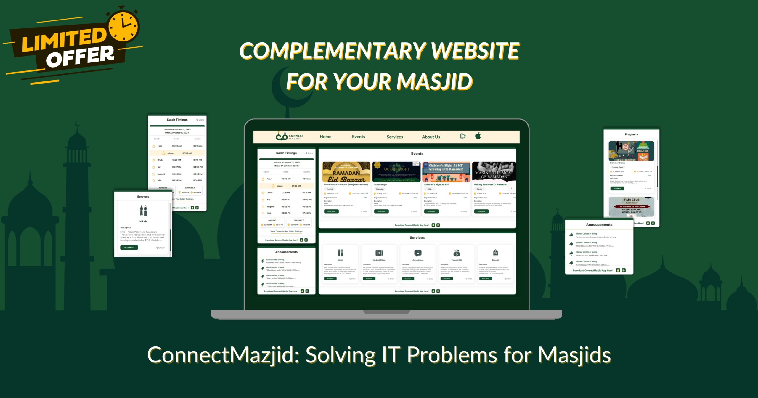 ConnectMasjid – The best and free IT solution for masjid website and management. Easily integrate mosque screen features, prayer times, and community updates. Perfect for masjid management without the need for hardware.