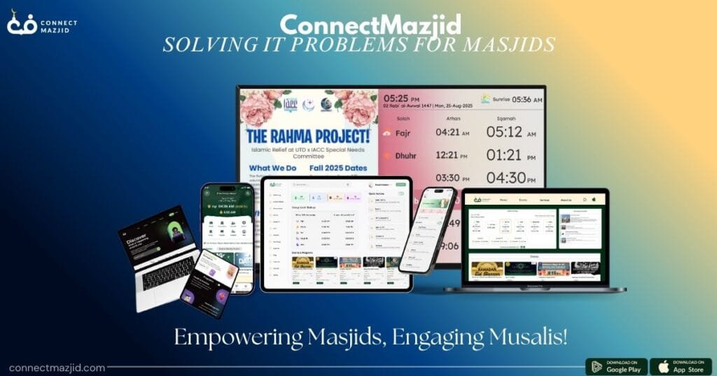 Masjid management software product suite by ConnectMazjid including display systems, TV app, and mosque management tools