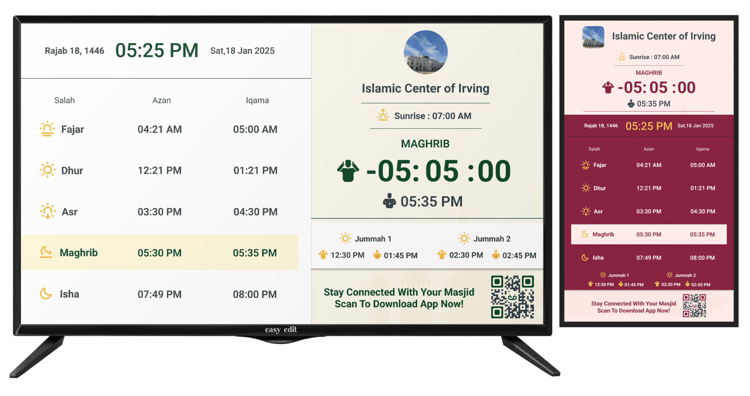 ConnectMazjid TV Mosque Screen – The best and free way to display prayer times, announcements, and community updates in mosques. No hardware required – simply connect and customize with different themes to match your mosque’s aesthetic.