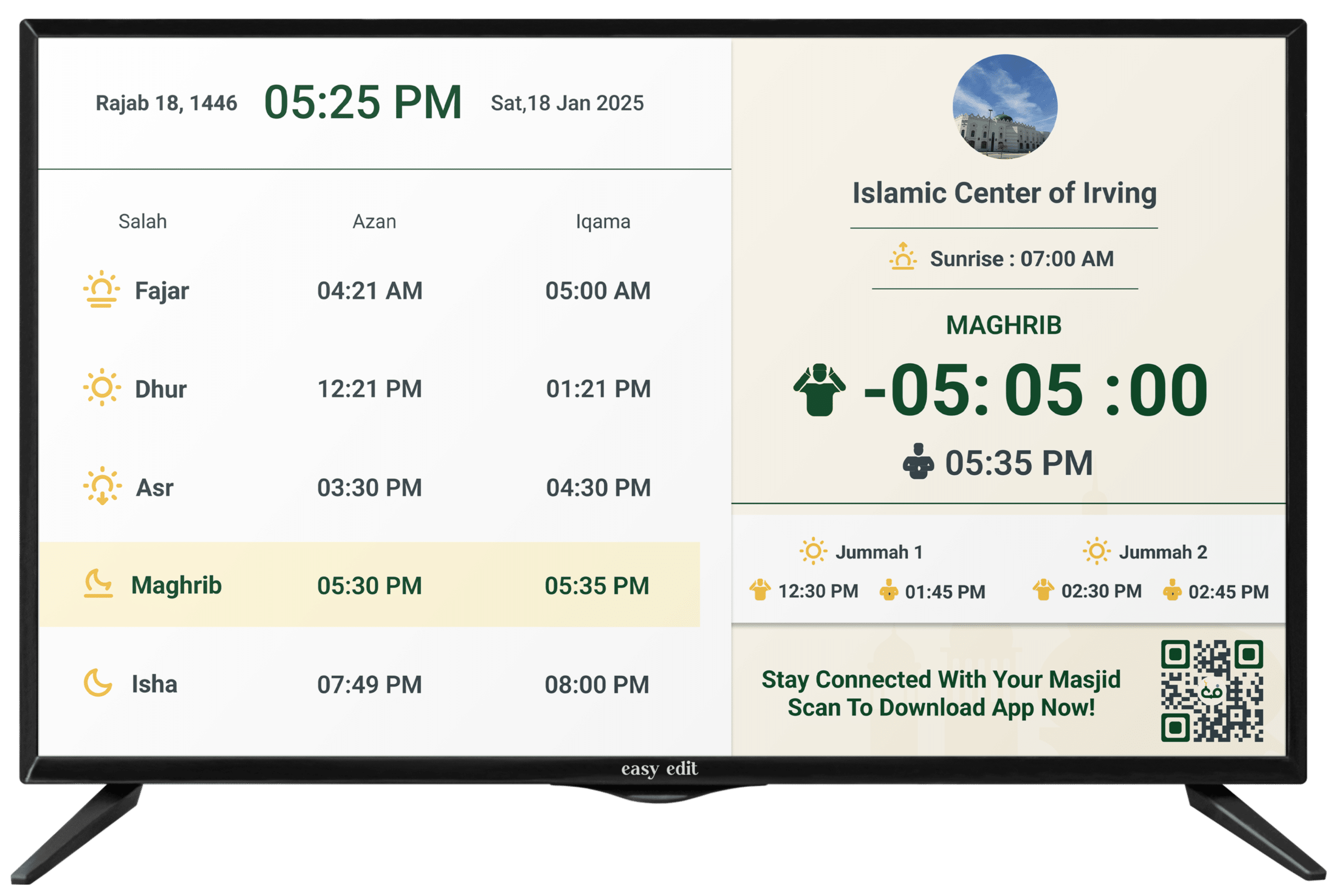 ConnectMasjid TV Screen – The best and free way to display mosque announcements, prayer times, and community updates on any screen. No hardware required! Perfect for landscape mode digital signage.