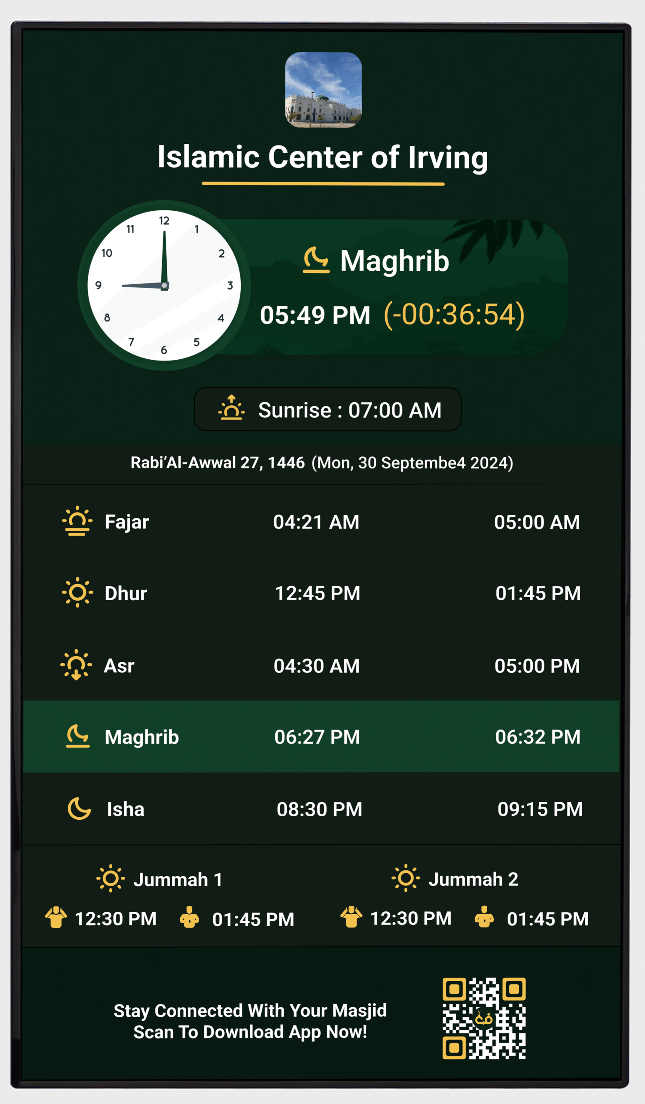 ConnectMazjid TV Screen – The best and free way to display mosque announcements, prayer times, and community updates on any screen. No hardware required! Perfect for portrait mode digital signage.