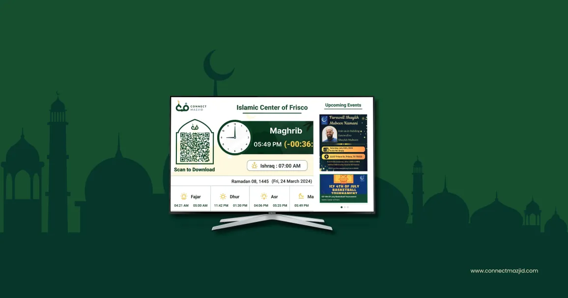 Advertisement for ConnectMasjid TV App, showcasing a masjid display software with prayer times and upcoming events.