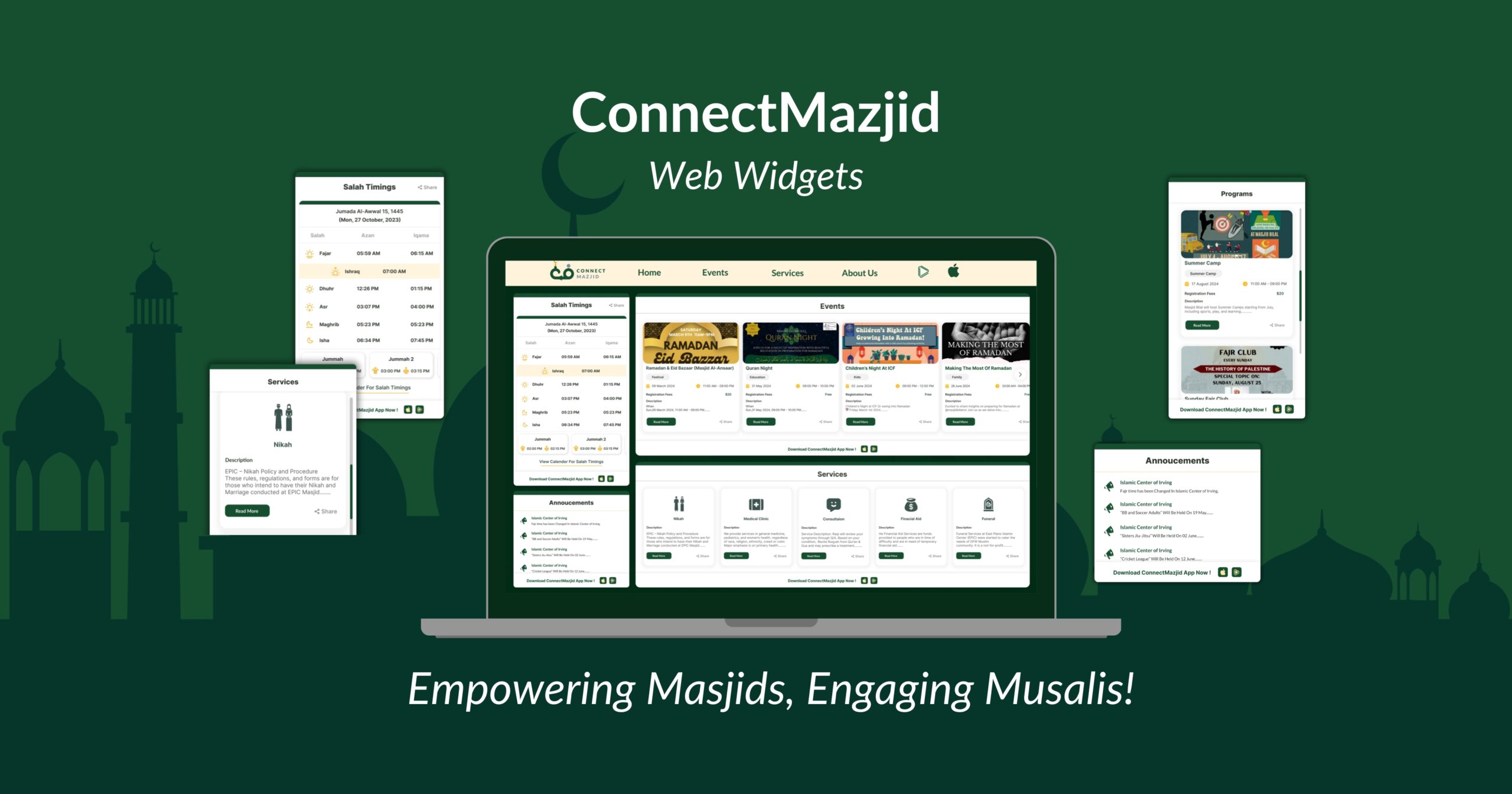 ConnectMazjid Web Widgets – The best and free solution for masjid management. Enhance your masjid website with easy-to-use widgets for prayer times, events, and announcements. Perfect for portrait mode display.