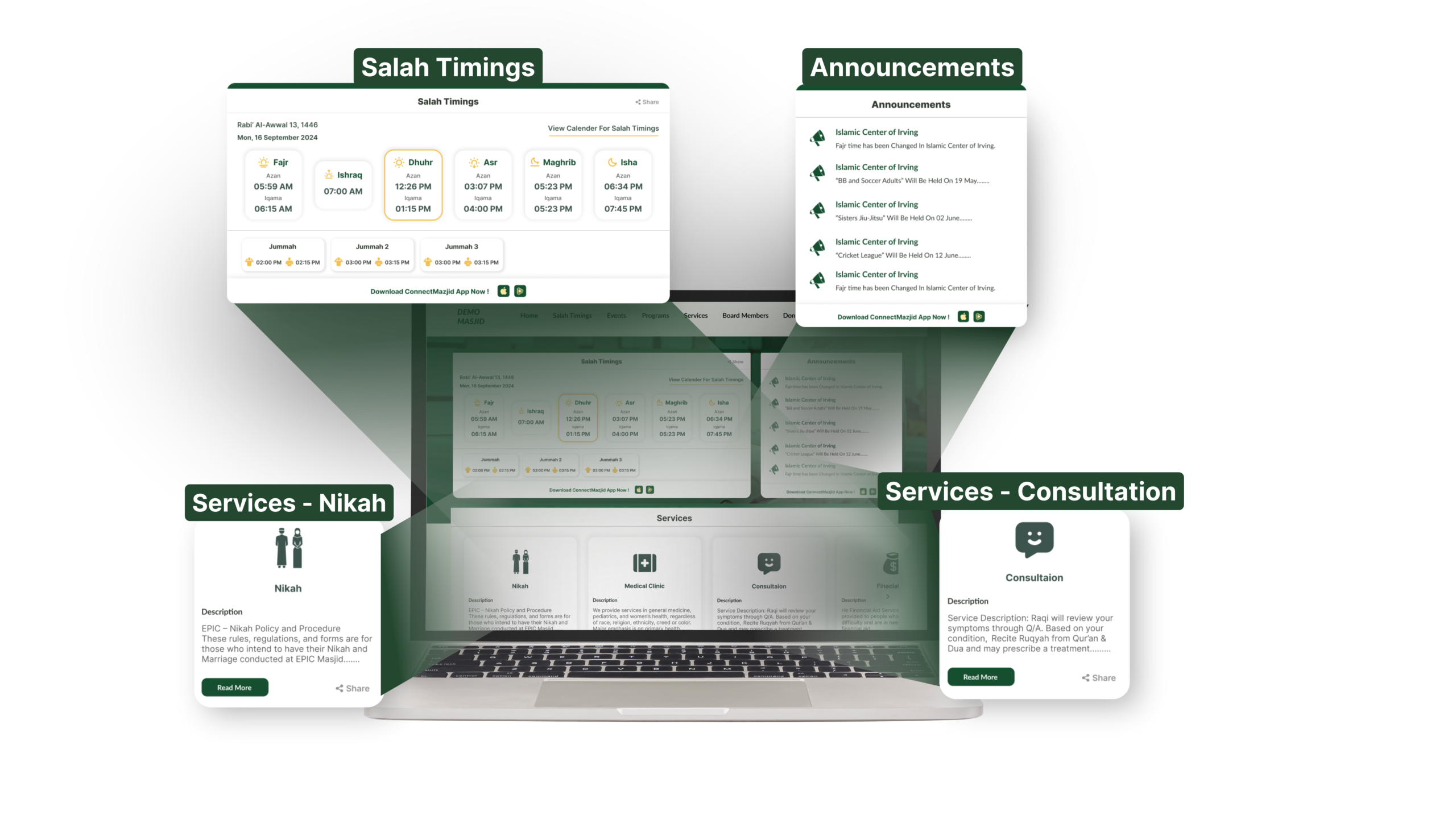 ConnectMasjid Web Widgets – The best and free solution for masjid management. Enhance your masjid website with easy-to-use widgets for prayer times, events, and announcements.