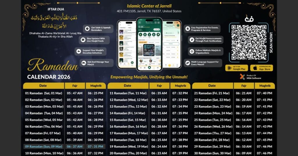 Ramadan 2026 calendar by ConnectMazjid showing suhoor and iftar timings for a Texas masjid prayer schedule.