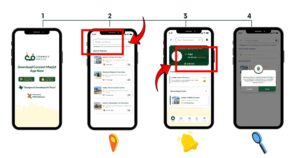 A four-step process showcases the Connect Mazjid app features. Find a masjid near me with ease. Search for masjid locations, check prayer times, and get alerts for upcoming events. The app also notifies you about a nearby mosque.