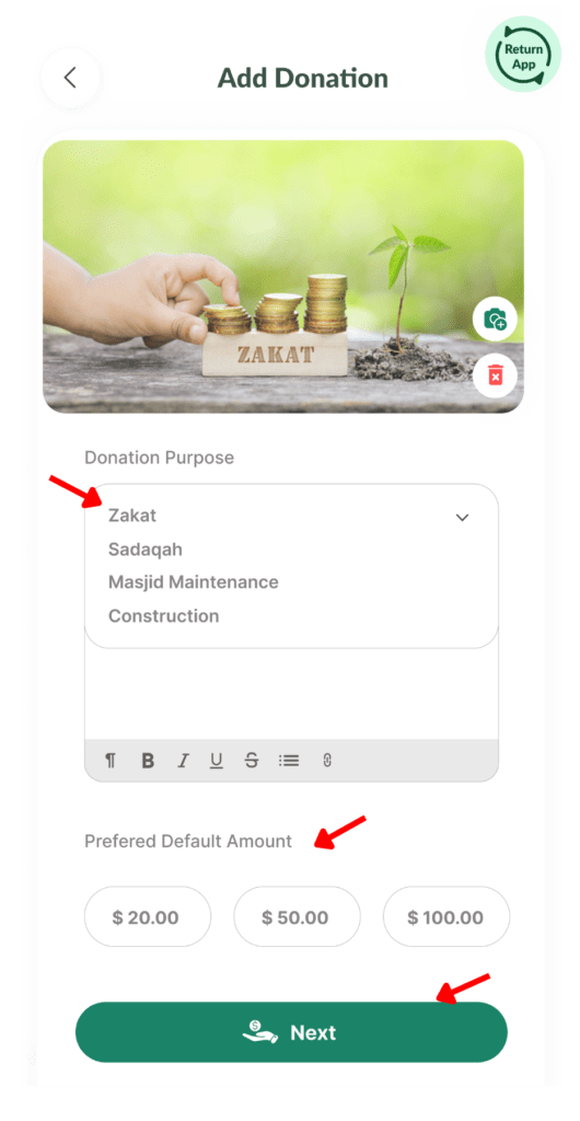 ConnectMazjid mosque donation system displaying an easy-to-use interface for seamless masjid donation management, donor tracking, and online contributions.