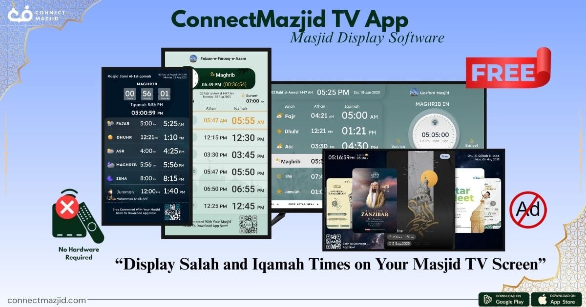 Masjid screen software for clear Salah displays, Iqamah countdowns, and distraction-free prayer updates.
