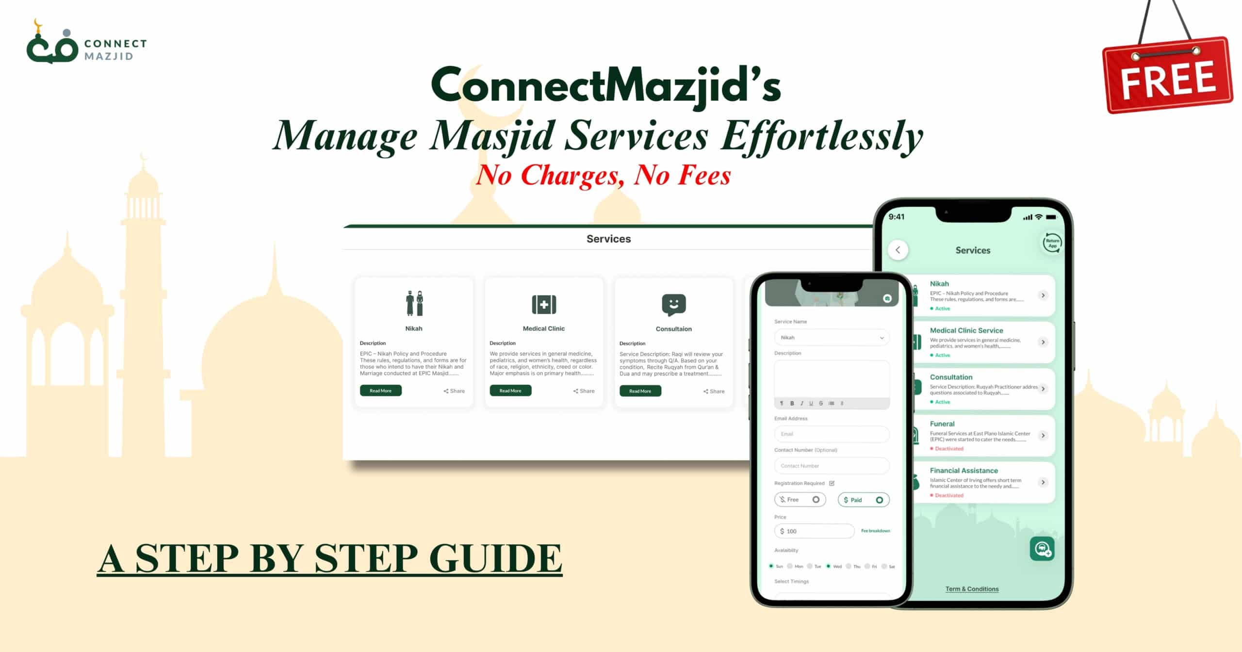 A digital interface displaying the Masjid Services management dashboard, free masjid service updates.