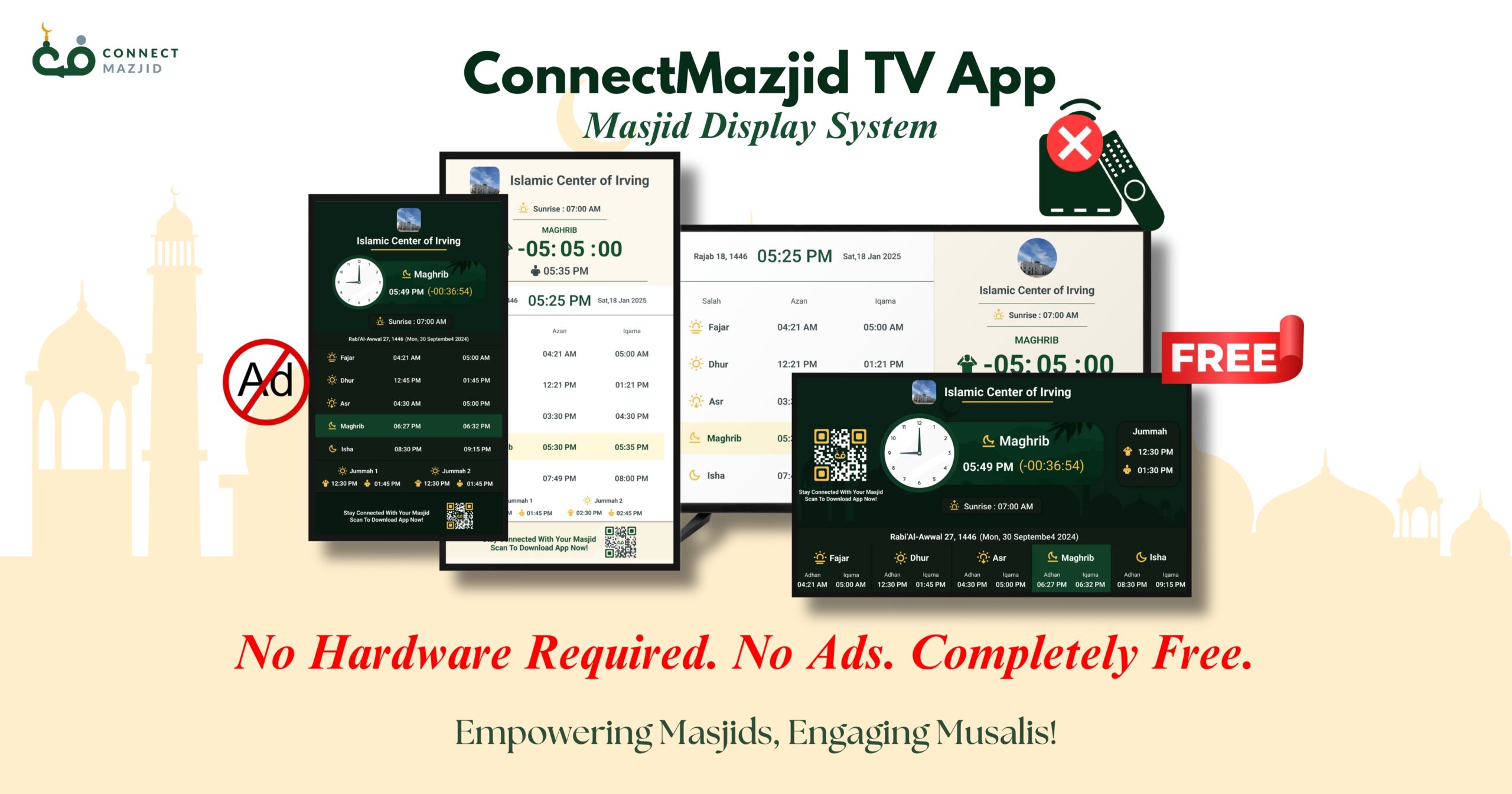 Masjid screen showing prayer times and updates with easy-to-use TV APP and display software.