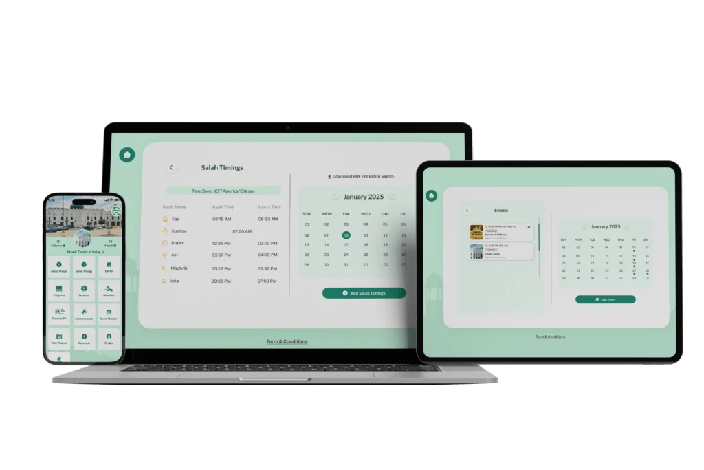 ConnectMazjid's admin portal is the best free IT solution for masjid management. Streamline your masjid website, prayer times, events, and mosque screen features with our easy-to-use platform, designed for efficient and hassle-free masjid management.