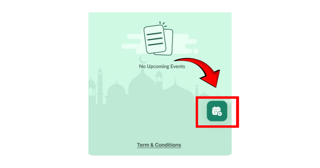Demonstration of the ConnectMazjid app on a mobile device, highlighting the ConnectMazjid event management system. The screen displays 'No Upcoming Events' with a mosque-themed background