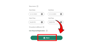 "Demonstration of the ConnectMazjid app on a mobile device, highlighting the ConnectMazjid event management system. The screen displays options for setting 'Start Date,' 'End Date,' 'Start Time,' and 'End Time' for an event. A