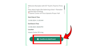 ConnectMazjid Event Management System screen showing event details with a highlighted 'Confirm & Add Event' button.