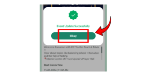 ConnectMazjid Event Management System confirming a successful event update with an 'Okay' button highlighted