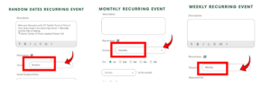 ConnectMazjid event management system showcasing different recurrence options: Random Dates, Monthly, and Weekly Recurring Events. Users can customize event repetition based on specific needs