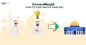 A person using a smartphone to search for nearest mosque, with a map and masjid location services displayed on the screen.The background includes mosque silhouettes, with the text "HOW TO FIND MASJID NEAR ME?" 