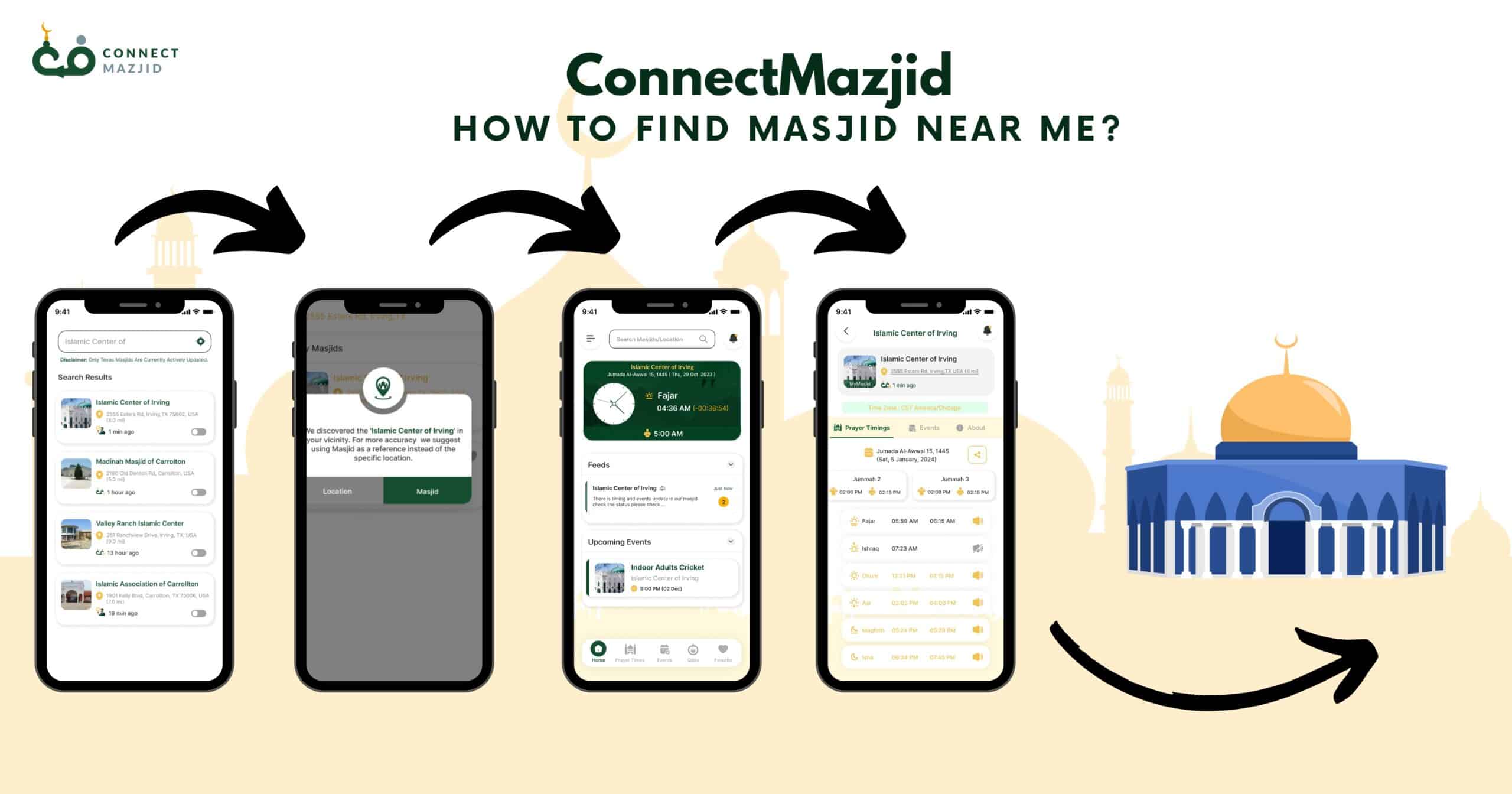 How can I find a masjid near me using ConnectMazjid?