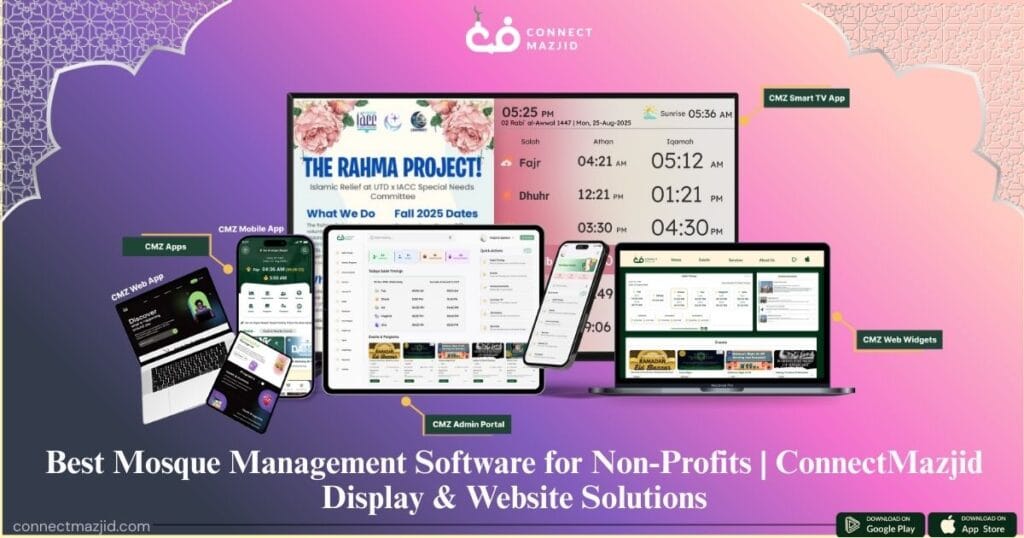 Mosque management software dashboard for non-profit mosques showing prayer times, donations, and display management with ConnectMazjid