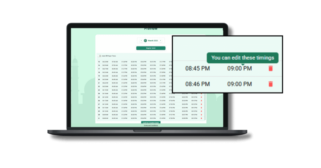 cmz admin portal, year long salah schedule for masjid management