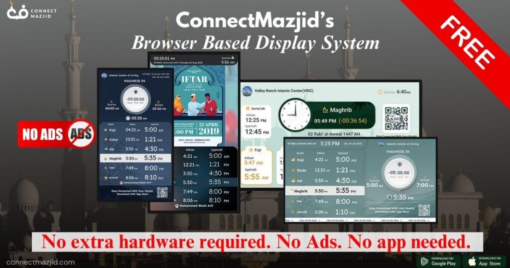 Connectmazjid Masjid TV display system showing Salah and Iqamah times with announcements on a mosque screen without app installation