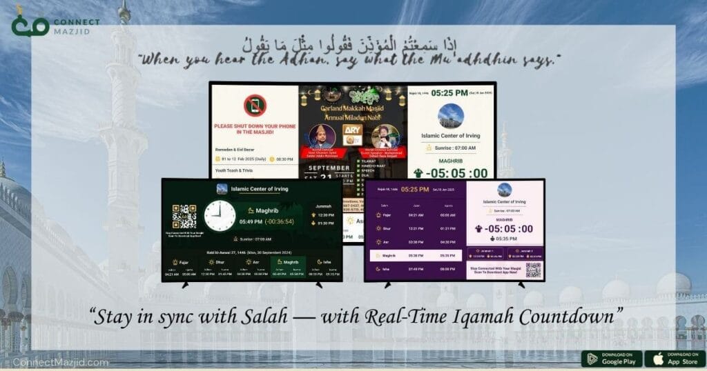 Modern Masjid Display Systems with Iqamah Countdown showing prayer times, announcements, and events for mosques