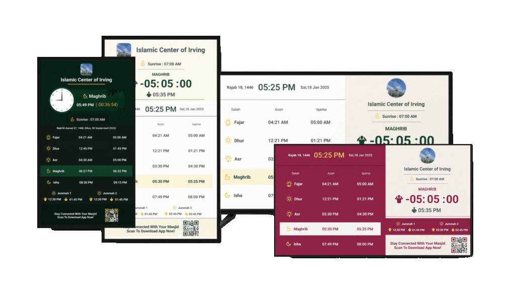 ConnectMazjid Digital signage for mosques showing real-time salah timings and announcements.