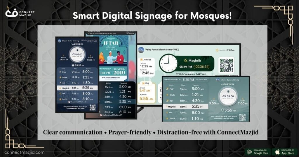 ConnectMazjid’s digital signage for mosques shows Salah & Iqamah times, events, and updates with an Auto Blackout feature.
