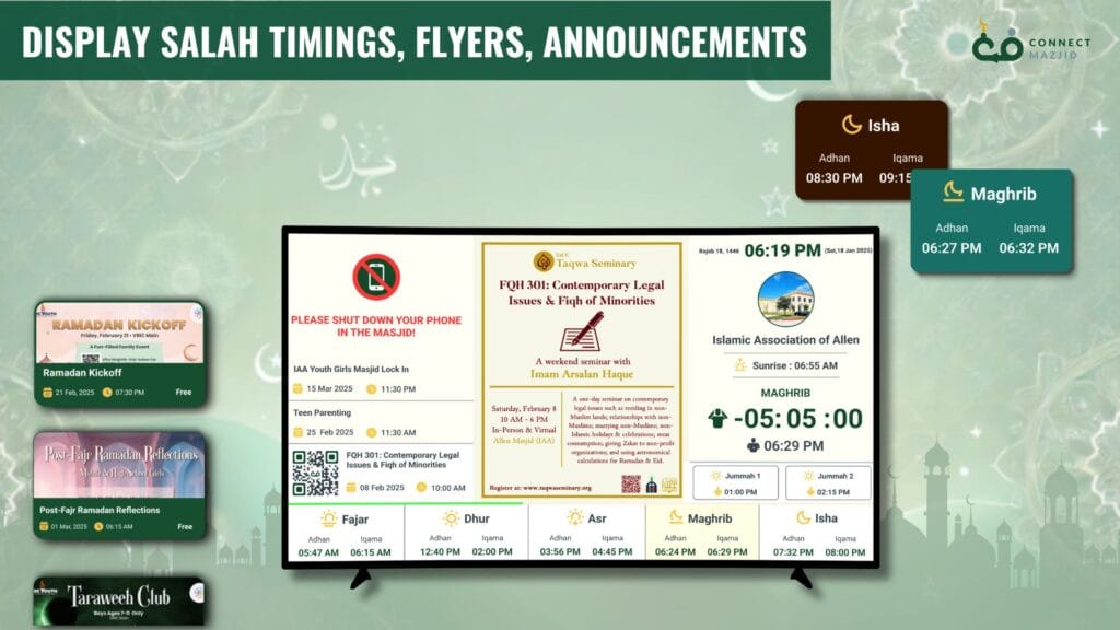 ConnectMazjid digital mosque announcement screen for salah timings and masjid events