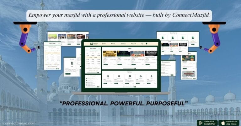 Professional website for masjids built by ConnectMazjid with salah timings, events, and donation features.