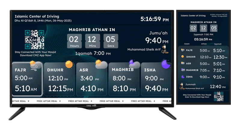 Masjid display with Iqamah countdown showing real-time Salah timings and announcements by ConnectMazjid
