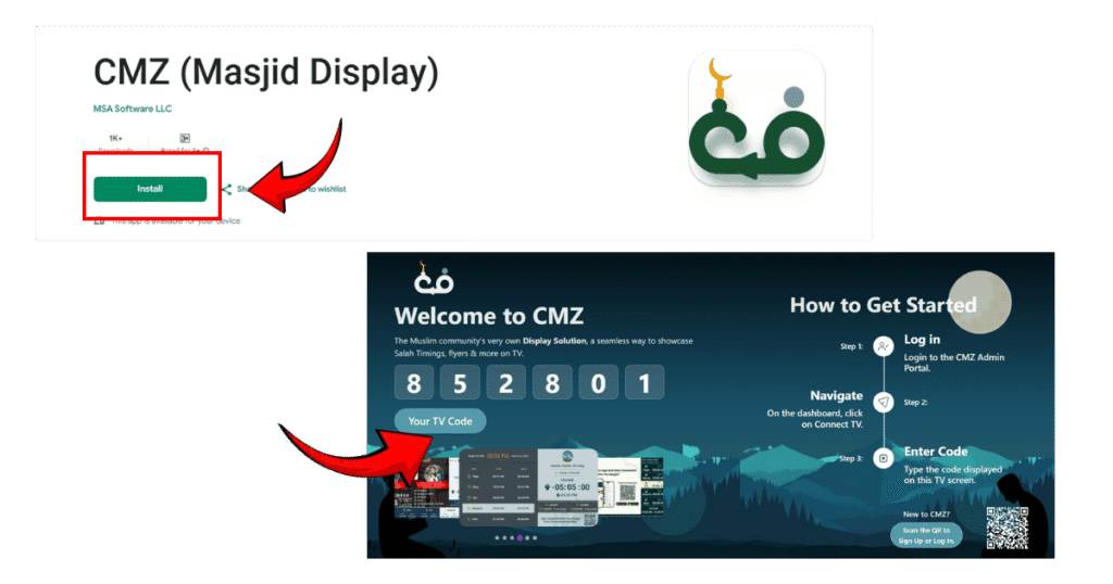 CMZ Masjid Display app installation page and TV code screen for setting up Salah and Iqamah time display