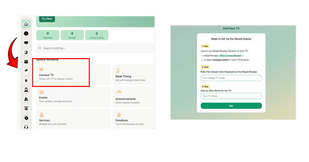 CMZ admin dashboard showing Connect TV option to set up Salah and Iqamah time display on a screen