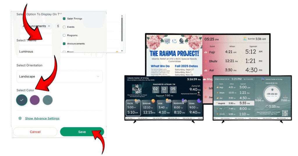 CMZ setup screen showing how to customize themes to display Salah and Iqamah times on a masjid TV