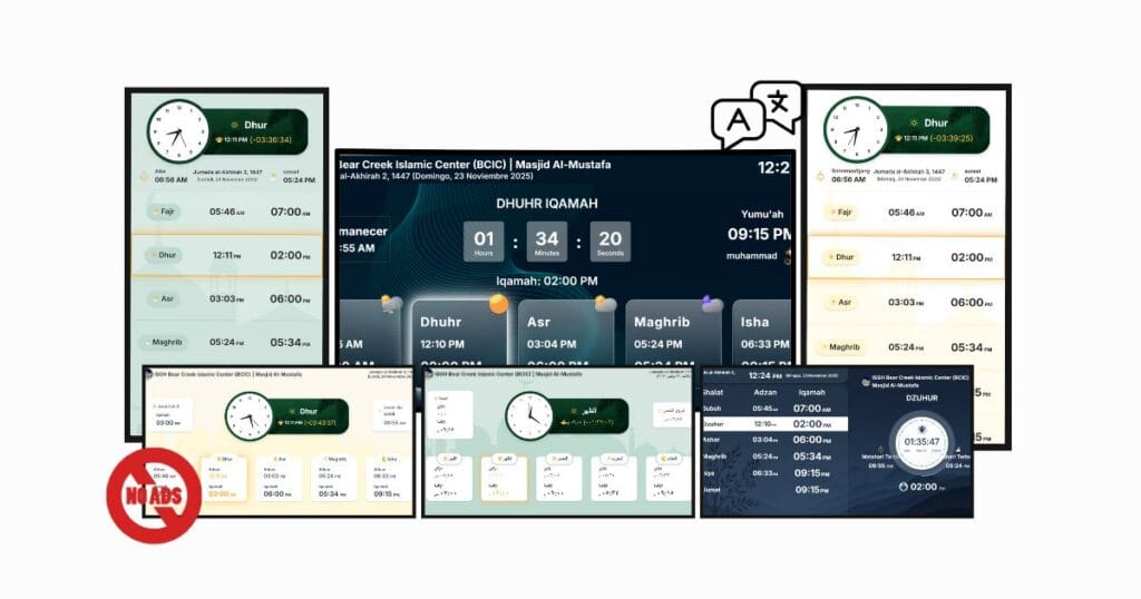 Smart TV showing ConnectMazjid masjid display system to display Salah and Iqamah times with digital prayer timetable
