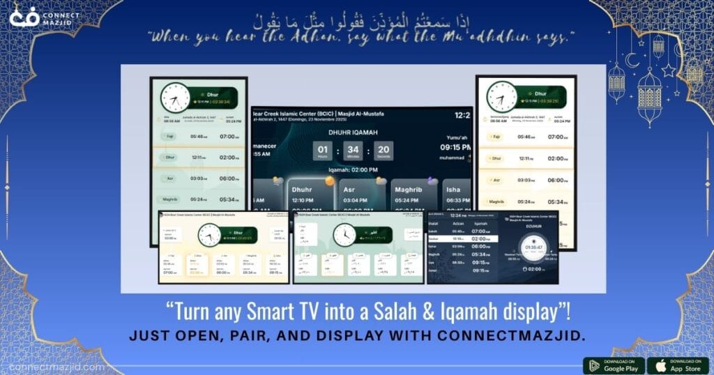 Smart TV showing ConnectMazjid masjid display system to display Salah and Iqamah times with digital prayer timetable