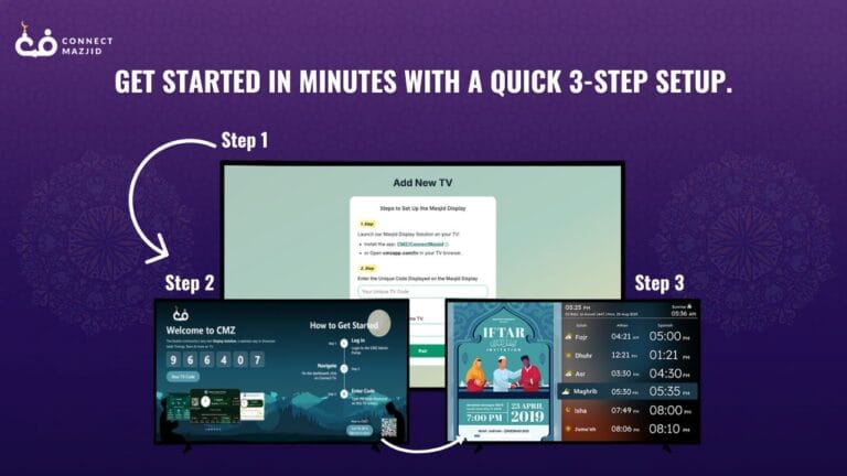Use the CMZ Admin Portal to connect TV and manage Salah and Iqamah time displays.